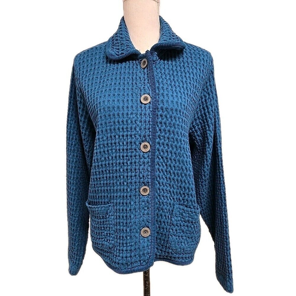 Mododoc Waffle Weave Button Jacket Coat Teal Blue… - image 1